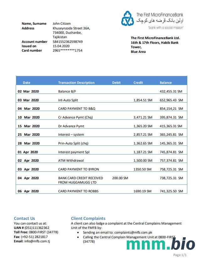Szablon wyciągu bankowego Tadżykistanu Spitamen w programie Word i PDF